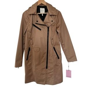 NWT Avec Les Filles Belted Moto Water Resistant Rain Trench Coat Camel Tan SZ S